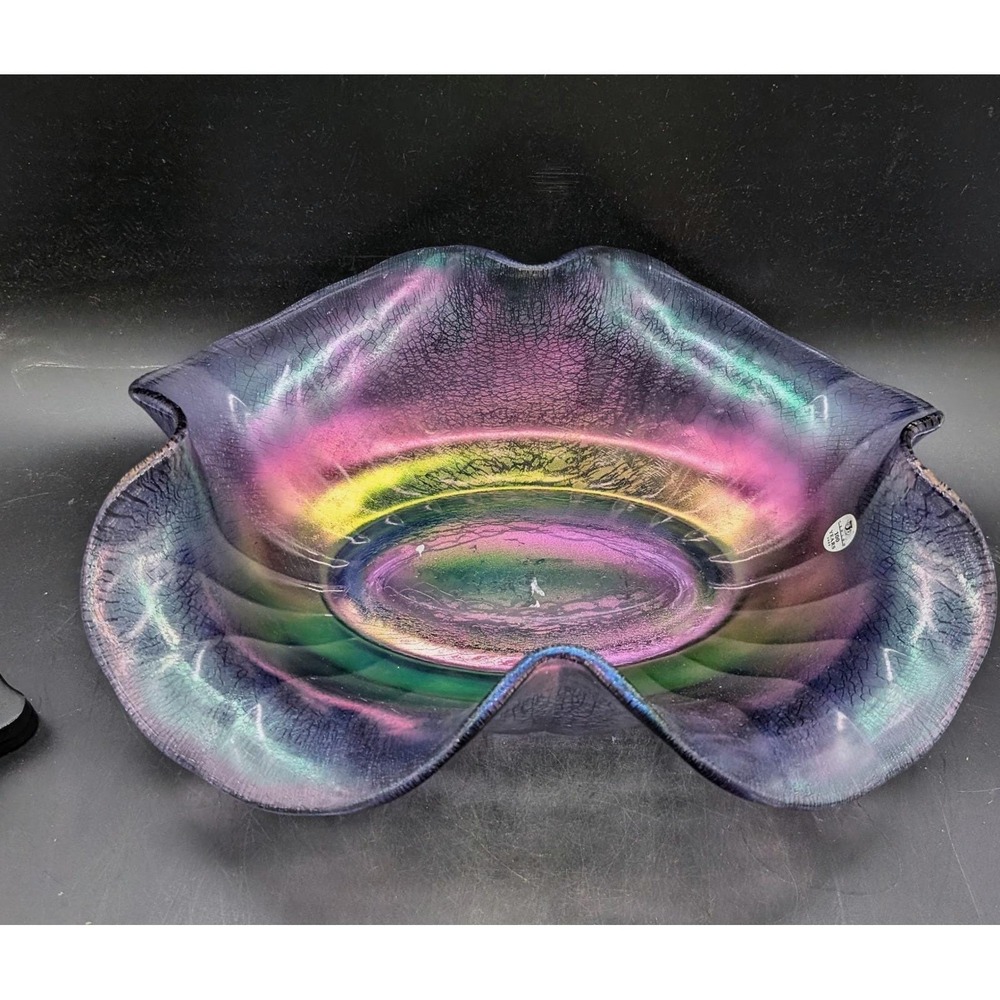Fenton 100th Anniversary Stretch Glass Ruffled Oval Bowl Purple Iridescent 10.5"